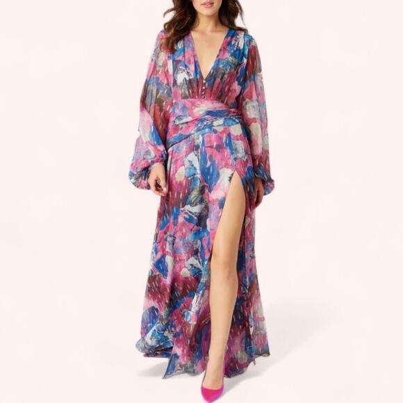 Adrienne Landau Dresses & Skirts - Adrienne Landau Floral Watercolor Draped High Slit Deep V Maxi Gown Sz 12 NWT